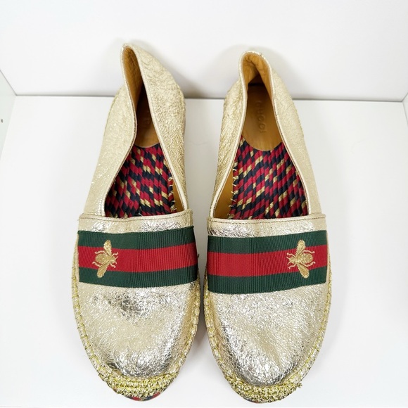 Gucci Metallic Gold Crinkled Leather Web Pilar Bee Espadrilles Flats 7 - Picture 2 of 10